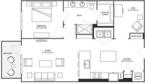 Floor plan for 1 bed, 1 bath, 1070 sqft